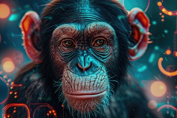 Poster - Close up of a monkey's face with colorful lights in the background. Suitable for various design projects