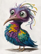 Vibrant, Colorful Fantasy Bird with Large Eyes and Feathers in Whimsical Style.