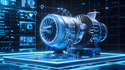 A jet engine is displayed on a computer screen with a blue background