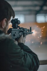 Poster - A man holding a rifle at a shooting range. Suitable for firearms training materials