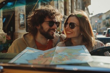 Poster - A man and woman studying a map in a car. Useful for travel and navigation concepts