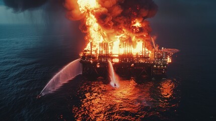 Poster - An oil rig engulfed in flames, a cautionary image for environmental disasters
