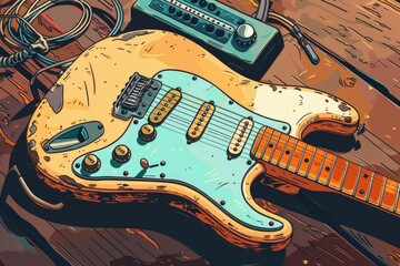 Poster - A guitar placed on a wooden table, suitable for music-related projects