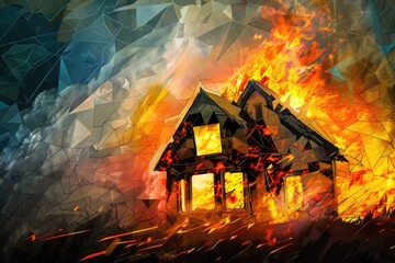 Wall Mural - Digital painting of a house engulfed in flames. Suitable for illustrating fire safety precautions