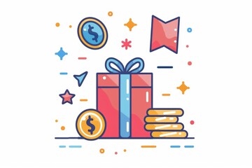 Poster - A gift box filled with money and surrounded by coins. Ideal for financial concepts and savings themes