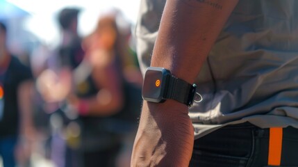 Close-up of a smartwatch on a persons wrist, displaying an orange notification, with blurred people in the background suggesting a busy event.