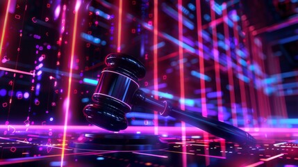 Futuristic gavel on digital background symbolizing cyber law