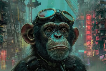 Poster - A monkey wearing goggles and a leather jacket. Suitable for animal and fashion themes