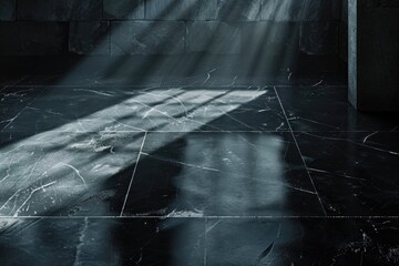 Poster - Shadow of a person on a tiled floor. Suitable for illustrating mystery or solitude