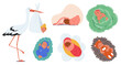 Set Of Vector Illustrations Featuring Serene Babies In Various Adorable Settings. Nestled In Cabbage, With A Stork