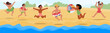 Exuberant Children Enjoy A Sunny Day At The Beach, Jumping And Playing With Inflatable Rings And Beach Balls, Vector