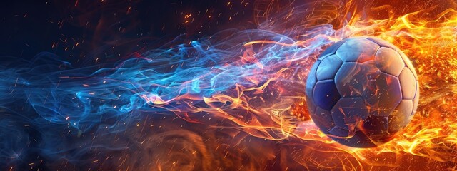 Wall Mural - Soccer ball in action, The ball travels with lightning speed and glowing orange and blue effects, Football banner. Football Competition