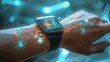 © Emiliia - A person is shown wearing a smart watch with advanced futuristic technology, showcasing the latest in wearable devices.