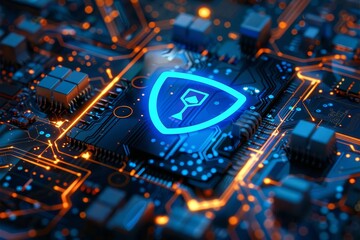 Wall Mural - glowing blue shield symbol on circuit board cybersecurity and data protection concept