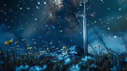 Sticker - night sky, stars, ultra realistic templar sword on the ground, flowers aond grass