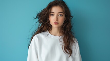 Young woman posing in a blank white crewneck sweatshirt, perfect for fashion branding mockups