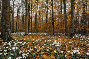 Wall Mural - peaceful autumn woods dotted with white blooms