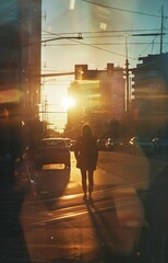 Wall Mural - Sunset silhouette of a young adult in the city