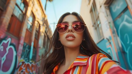 Wall Mural - Chic girl in trendy sunglasses captures vibrant street fashion essence in selfie. Concept Street Fashion, Trendy Sunglasses, Chic Style, Vibrant Colors, Selfie Captures