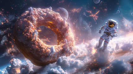 an astronaut is floating in space next to a giant donut.