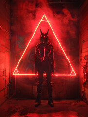 Sticker - Ominous Acolyte of the Demonic Cult A Haunting Neon Lit Ritual in Dramatic Square and Triangle Composition