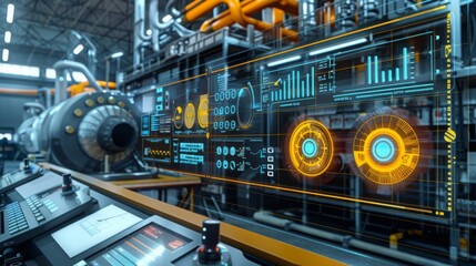 Poster - A control room with advanced holographic interfaces and monitors amidst industrial piping and machinery.
