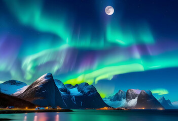 Wall Mural - The Northern Lights and full moon above a mountainous landscape with water reflecting the lights