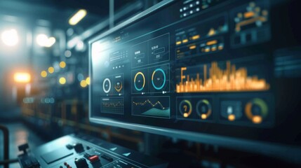 Poster - A high-tech control panel with illuminated digital displays and graphical interfaces in a dimly lit room.