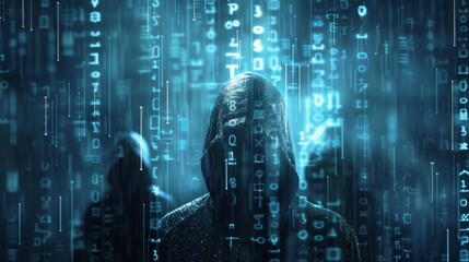 Poster - A man wearing a hoodie is standing in front of a display of binary code, seemingly contemplating the digital information.