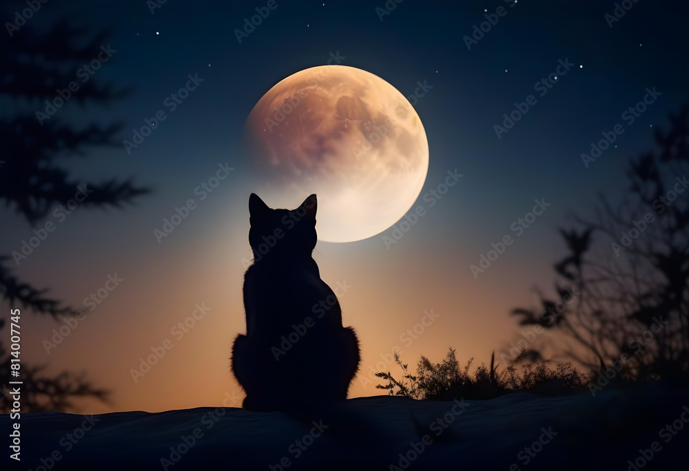 A black cat sitting under a full moon with its silhouette visible ...