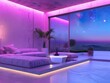 Modern bedroom with a large window looking out onto a starry night sky with purple neon lights