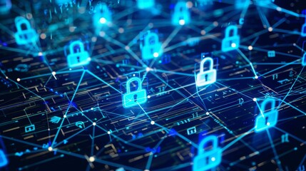 Poster - Various padlocks interconnected in a network pattern against a vibrant blue background.