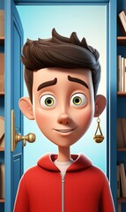 Poster - 3d character of a young cartoon guy with headphones peeking out of the open room door. 