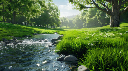 Wall Mural - peaceful grassy lawn next to a flowing creek