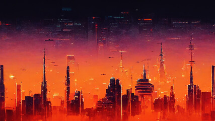 Wall Mural - City landscape artwork with orange sky on the sundown. Textured painting of a cyberpunk city.