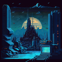 Poster - retro game landscape in 80s style with industrial city district, neon lights and synthwave pixel gra