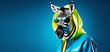 © Irina - Stylish realistic zebra dressed in yellow jacket with blue hood and mirrored fashion glasses in neon light on blue background, 3D rendering, neon light studio on background. Creative concept for