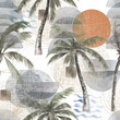 Abstract watercolor seamless pattern. Summer tropical palm trees and sun on white background. Jungle watercolour print