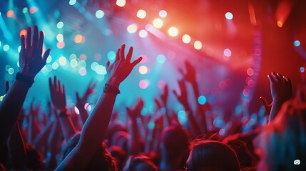 Wall Mural - A crowd of people are at a concert, with many of them holding up their hands