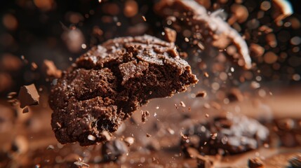 Close-up of a chocolate cookie with crumbs and chocolate pieces flying around