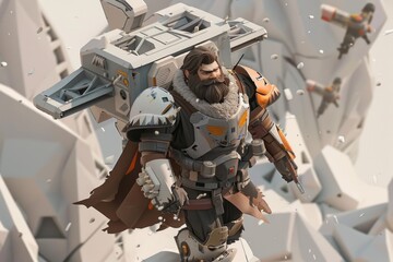 Poster - Close up of a man with a sci-fi robot on his shoulder. Perfect for futuristic technology concepts