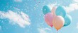 Celebration festive birthday wedding party banner illustration greeting card - Pastel colored balloons and confetti, isolated on blue sky background