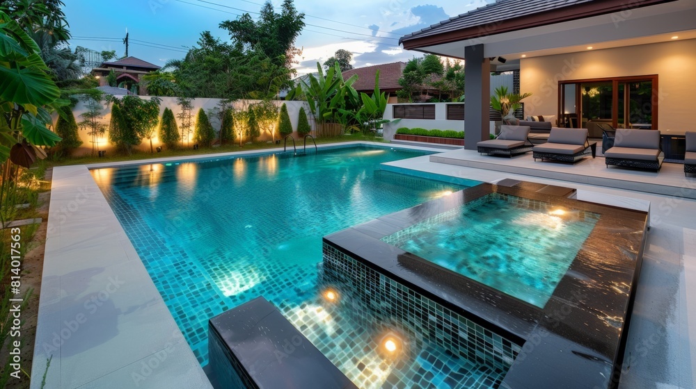 View of Modern swimming pool design in private luxury villa mansion surrounded ...