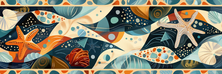 Wall Mural - Colorful abstract banner with starfish, shell, fish. Panoramic web header. Wide screen wallpaper