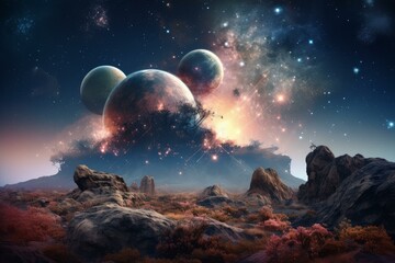 Wall Mural - Surreal space fantasy landscape with digital art of planets and a starry sky in the outer cosmos. Creating a mystical and otherworldly scene