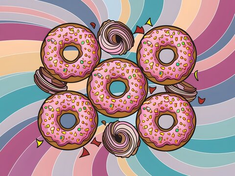 Delectable donuts topped with colorful ceres against swirling pastel hues