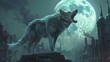 A wolf howls at the moon in the middle of a city.