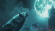 A wolf howls at the moon in the middle of a city.
