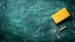 © Sanja - Green chalkboard with a yellow sponge and a piece of chalk, representing classroom, education, and learning concepts. Blank space on the left for text or de concept of education and school.