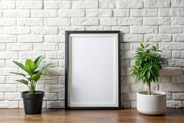 Sticker - Blank picture frame with green plants on wooden table against white brick wall